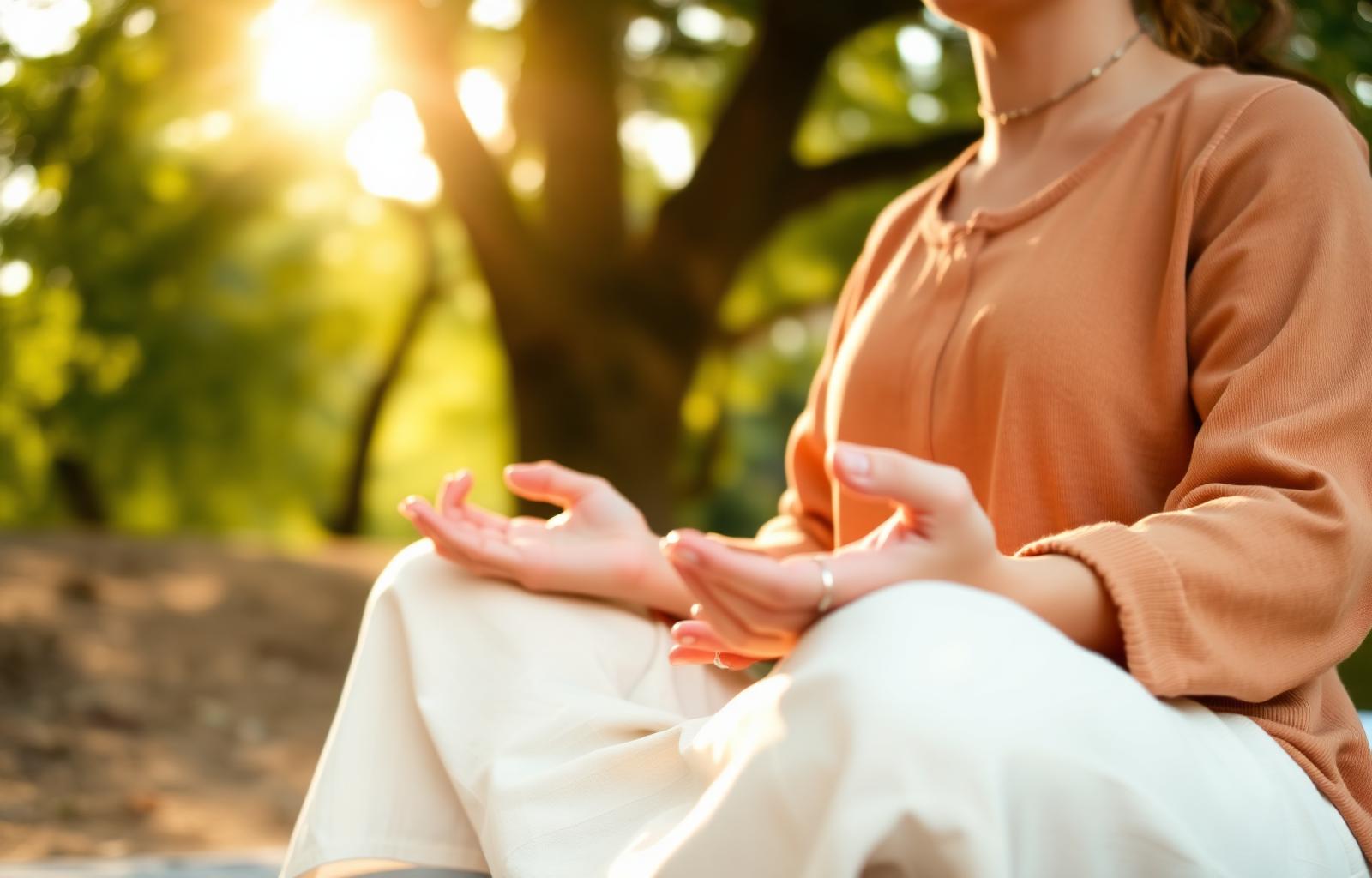 Hands resting in meditation in soft golden light